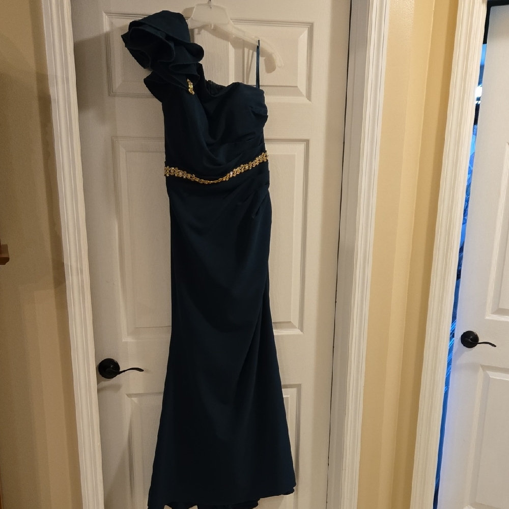 Elegant Dark Teal Gown with Gold Accents